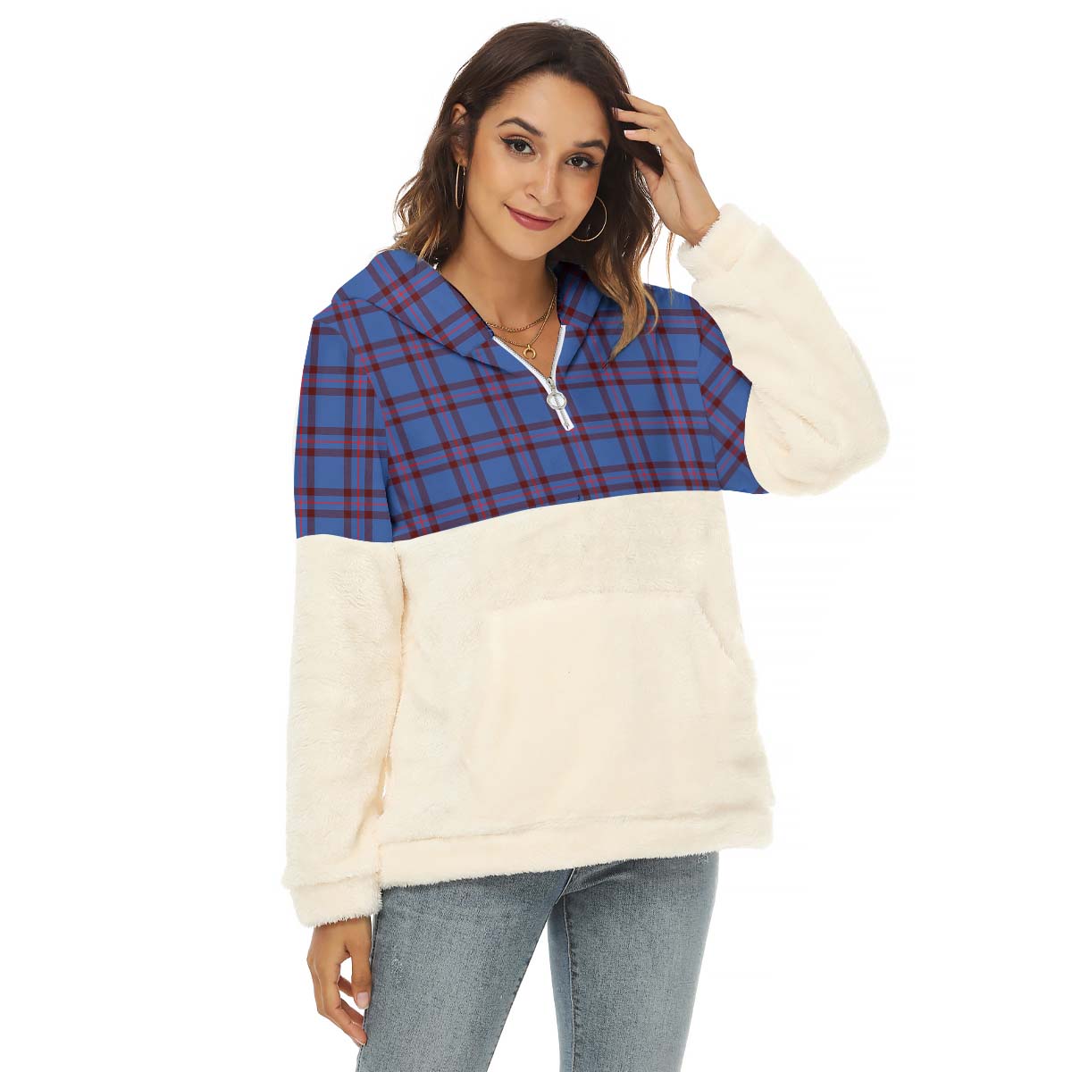 Elliot Modern Tartan Women's Borg Fleece Hoodie With Half Zip Female - Tartanvibesclothing