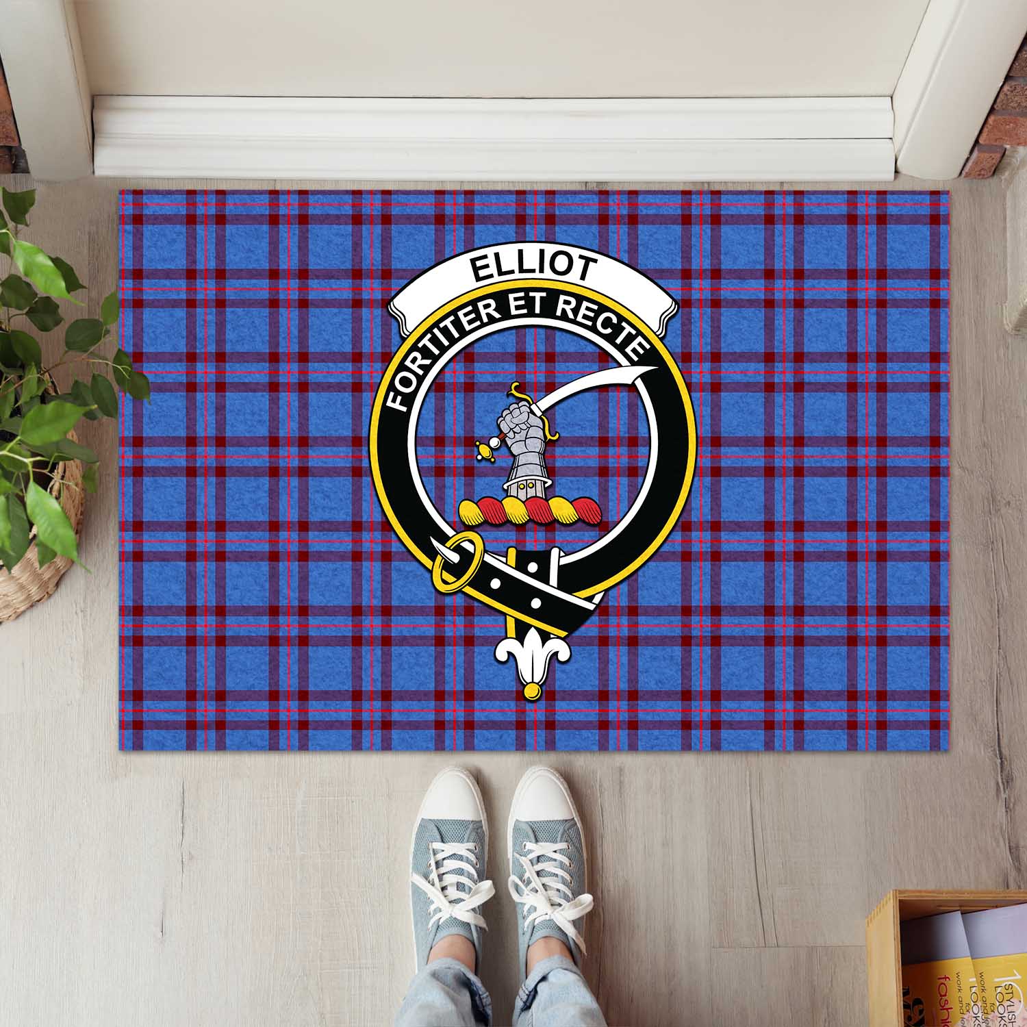 Elliot Modern Tartan Door Mat with Family Crest - Tartanvibesclothing