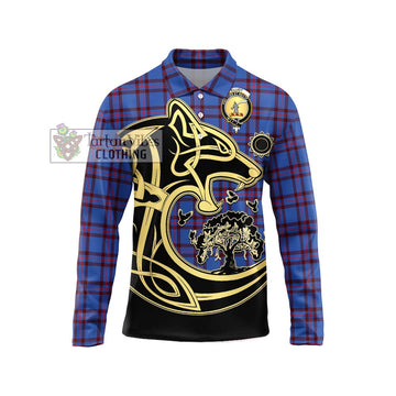 Elliot Modern Tartan Long Sleeve Polo Shirt with Family Crest Celtic Wolf Style