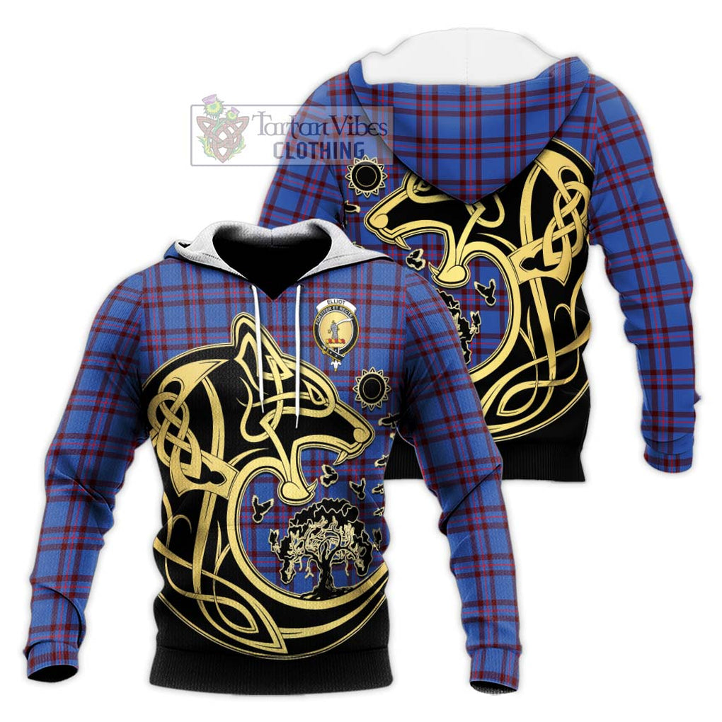 Elliot Modern Tartan Knitted Hoodie with Family Crest Celtic Wolf Style Unisex Knitted Pullover Hoodie - Tartan Vibes Clothing