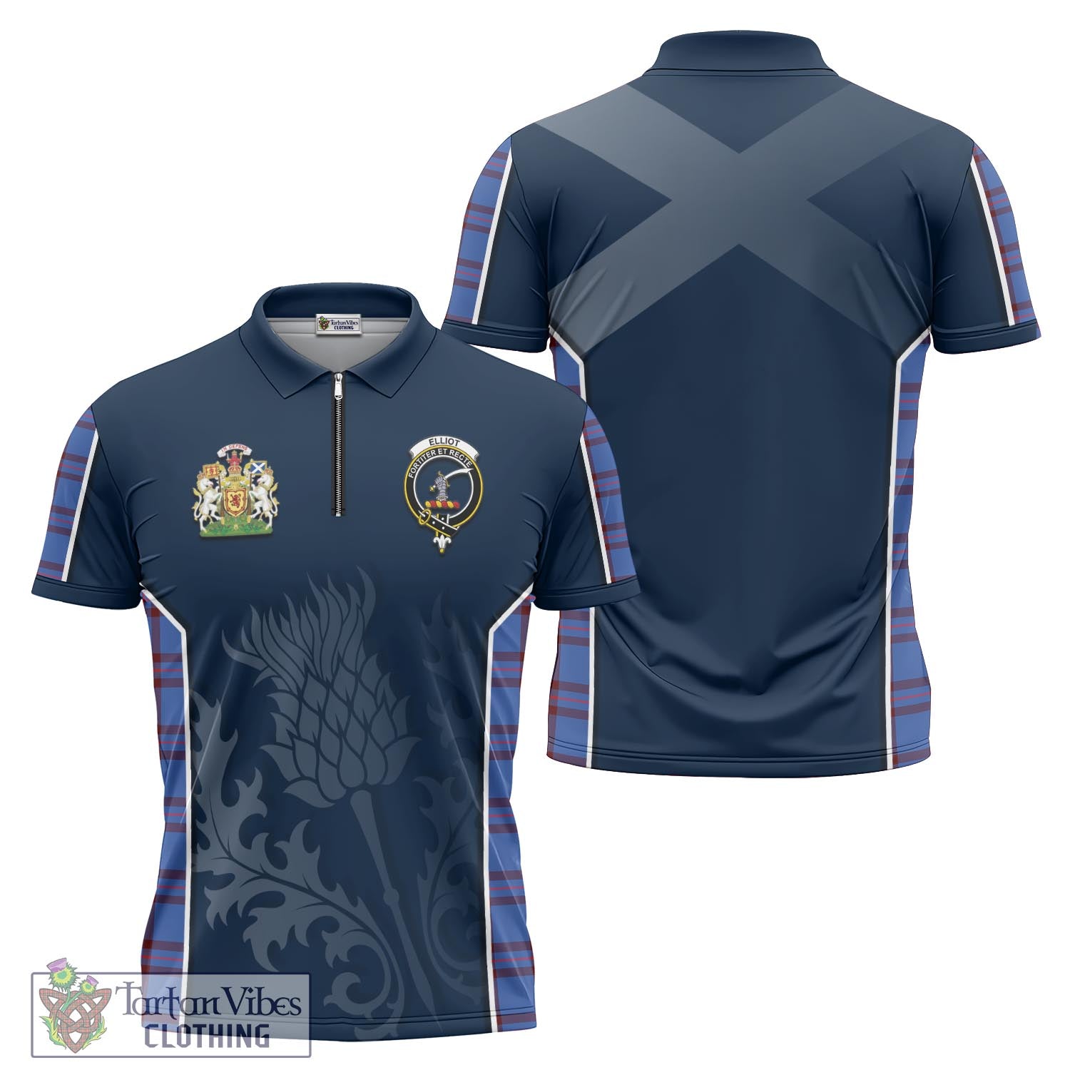 Tartan Vibes Clothing Elliot Modern Tartan Zipper Polo Shirt with Family Crest and Scottish Thistle Vibes Sport Style