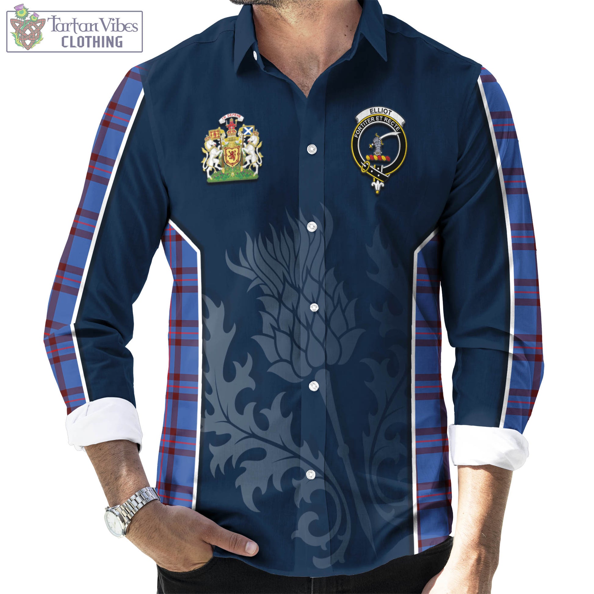 Tartan Vibes Clothing Elliot Modern Tartan Long Sleeve Button Up Shirt with Family Crest and Scottish Thistle Vibes Sport Style