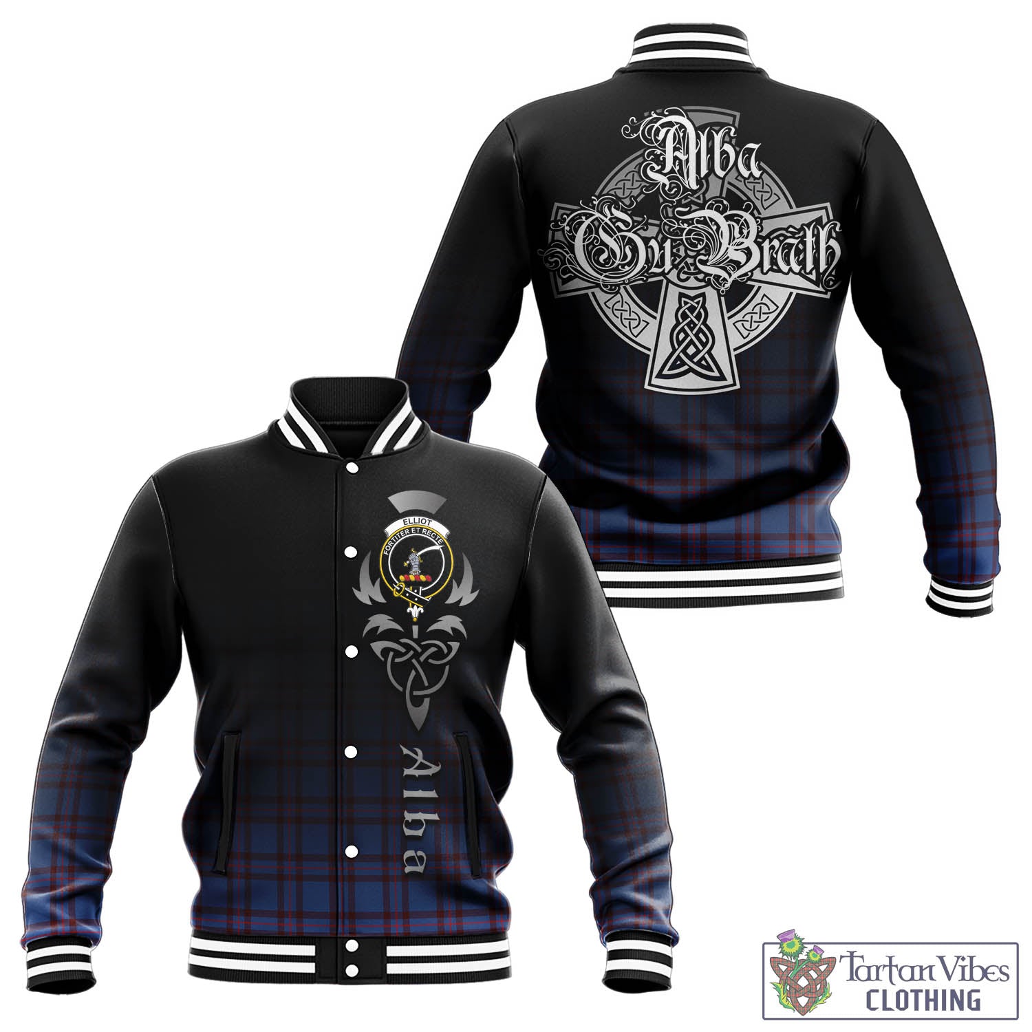 Tartan Vibes Clothing Elliot Modern Tartan Baseball Jacket Featuring Alba Gu Brath Family Crest Celtic Inspired