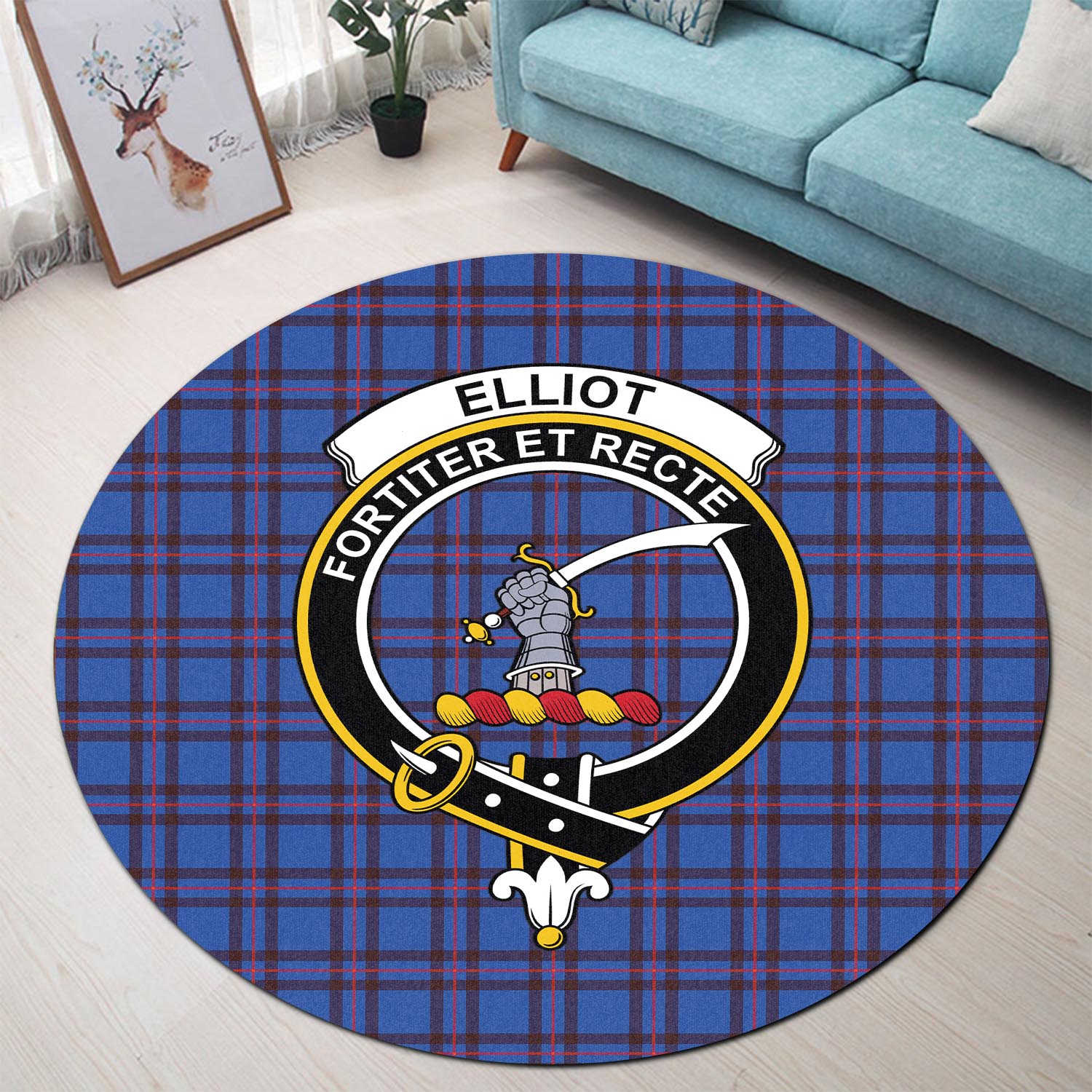 Elliot Modern Tartan Round Rug with Family Crest - Tartanvibesclothing