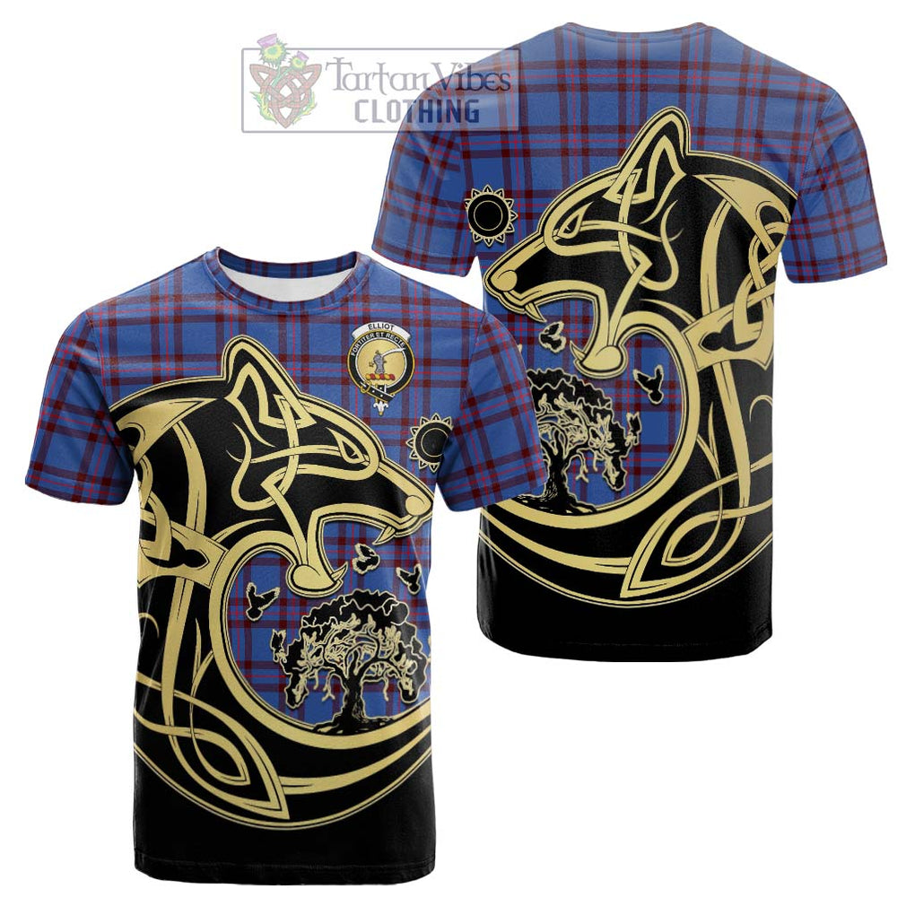 Tartan Vibes Clothing Elliot Modern Tartan Cotton T-shirt with Family Crest Celtic Wolf Style