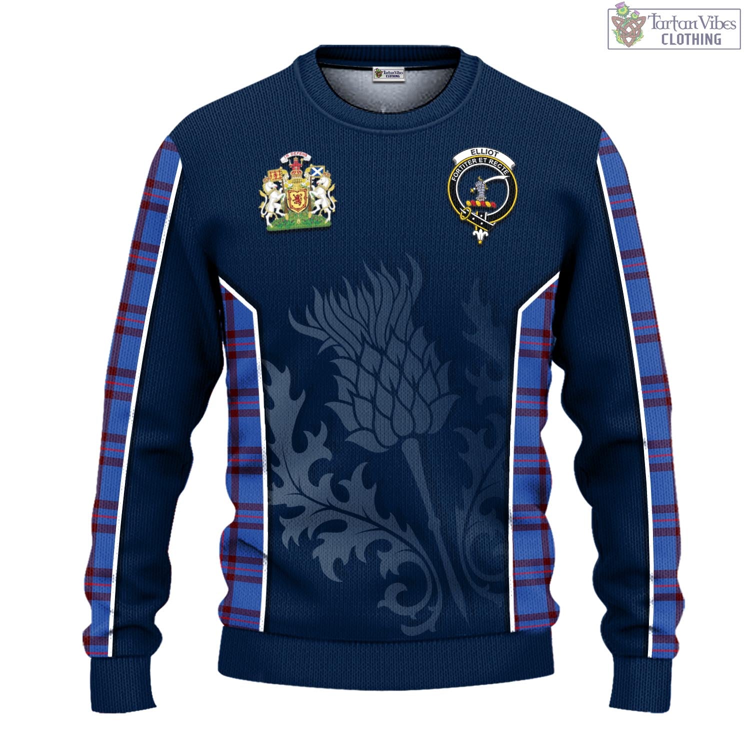 Tartan Vibes Clothing Elliot Modern Tartan Knitted Sweatshirt with Family Crest and Scottish Thistle Vibes Sport Style