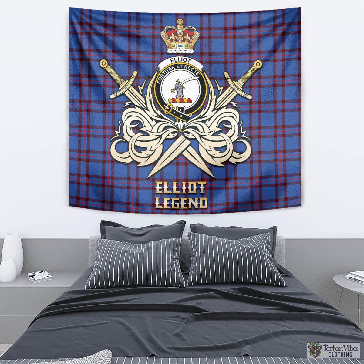 Tartan Vibes Clothing Elliot Modern Tartan Tapestry with Clan Crest and the Golden Sword of Courageous Legacy