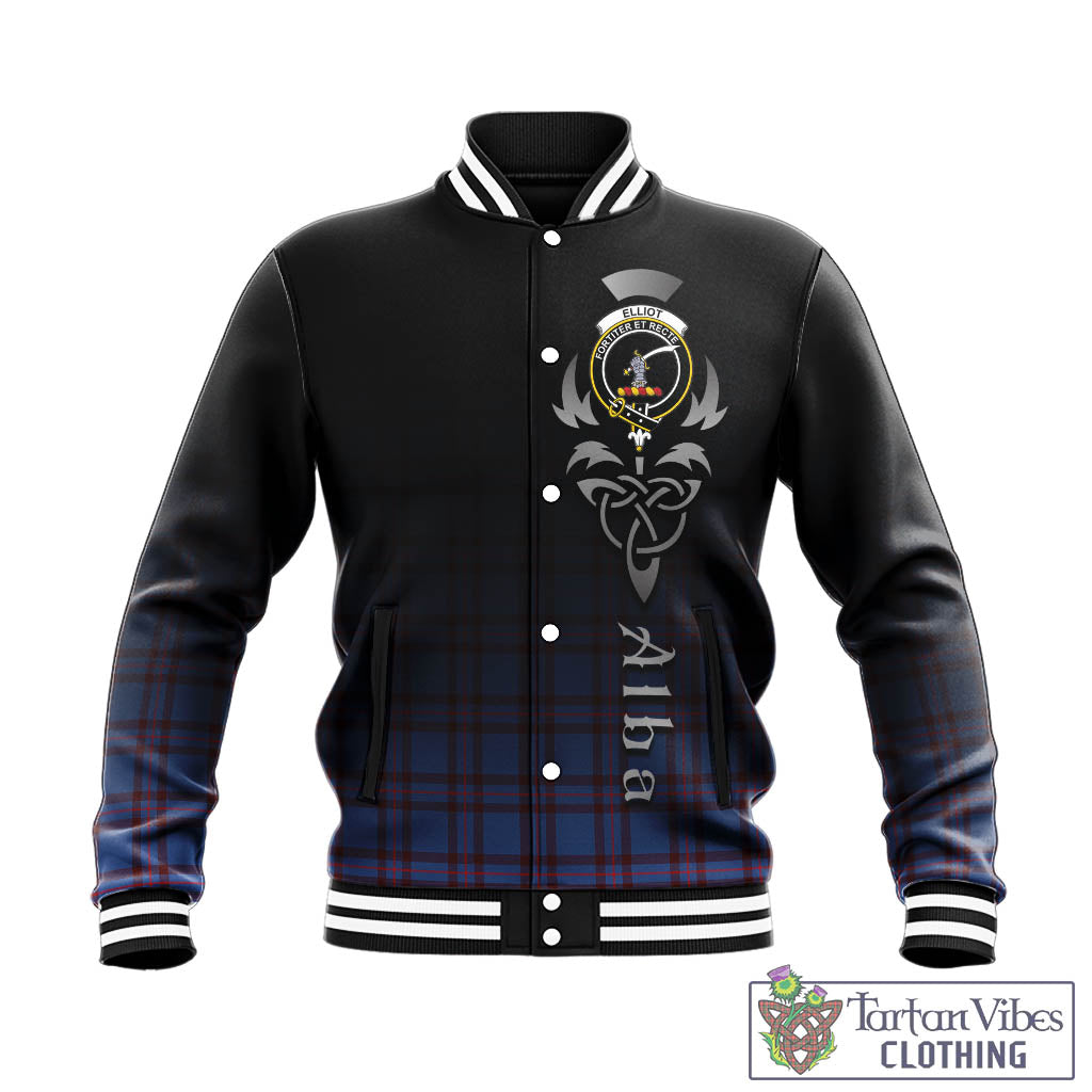 Tartan Vibes Clothing Elliot Modern Tartan Baseball Jacket Featuring Alba Gu Brath Family Crest Celtic Inspired