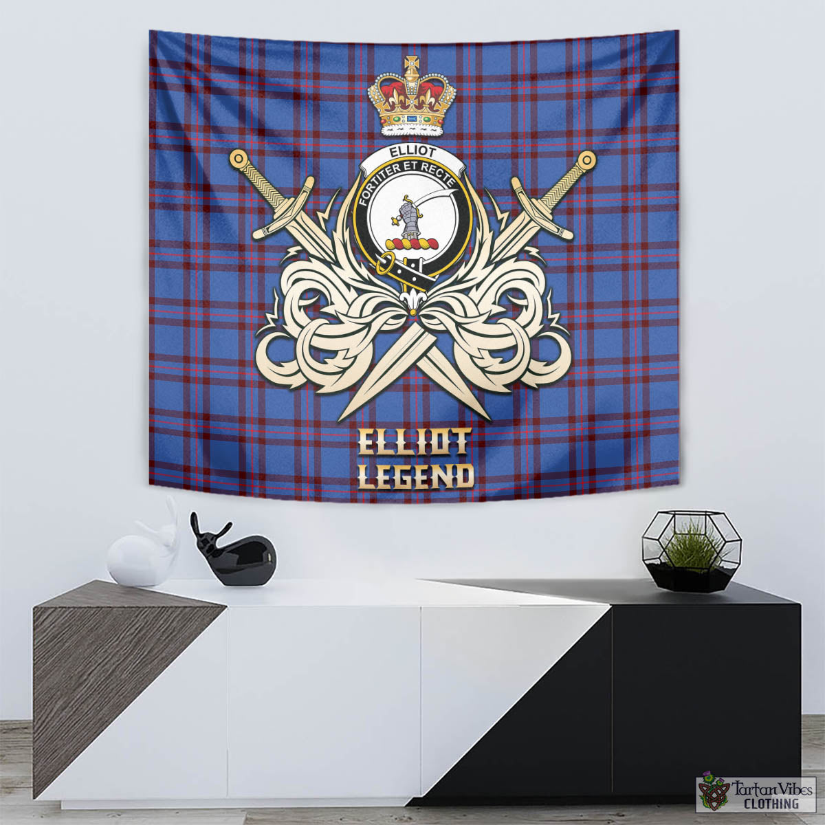 Tartan Vibes Clothing Elliot Modern Tartan Tapestry with Clan Crest and the Golden Sword of Courageous Legacy