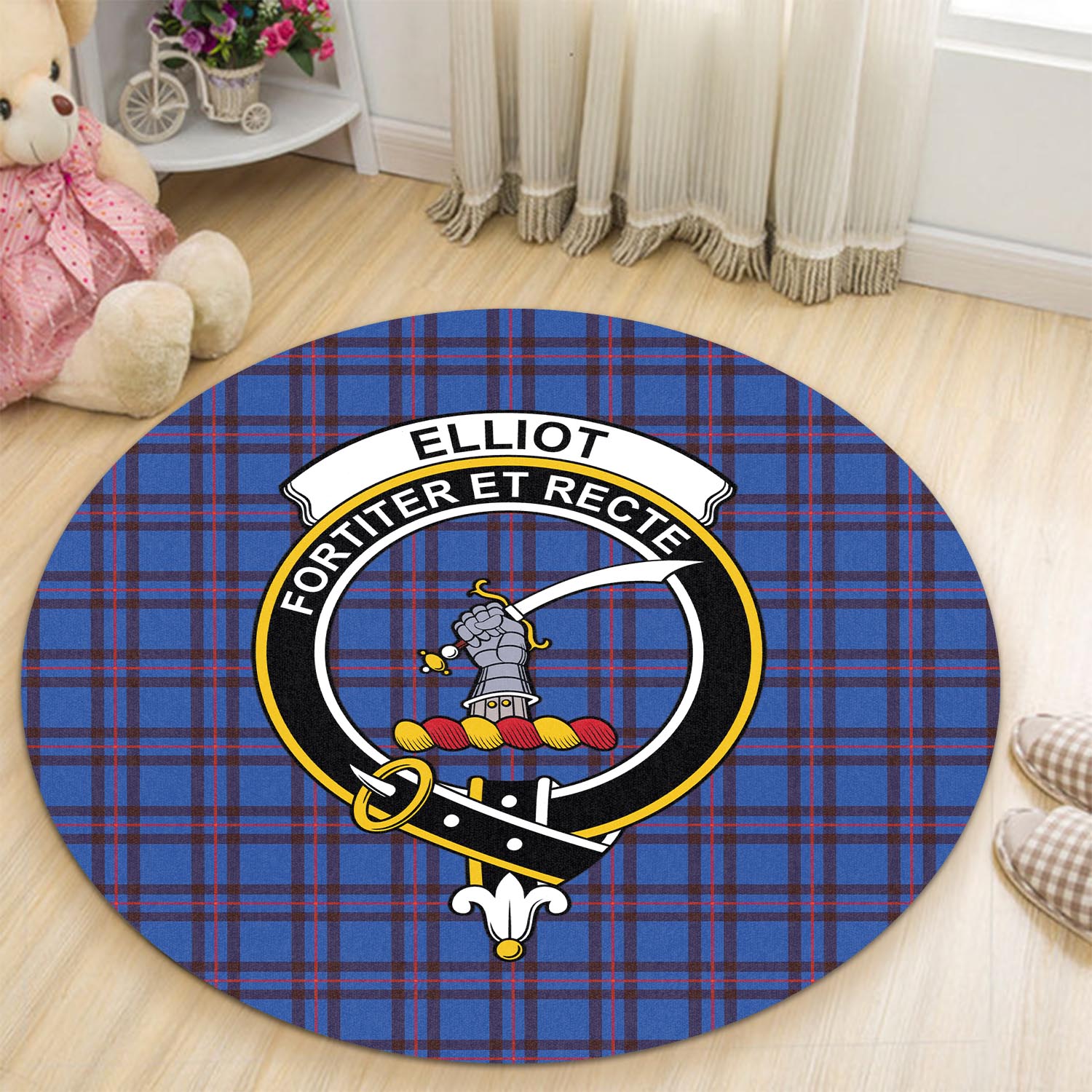 Elliot Modern Tartan Round Rug with Family Crest - Tartanvibesclothing