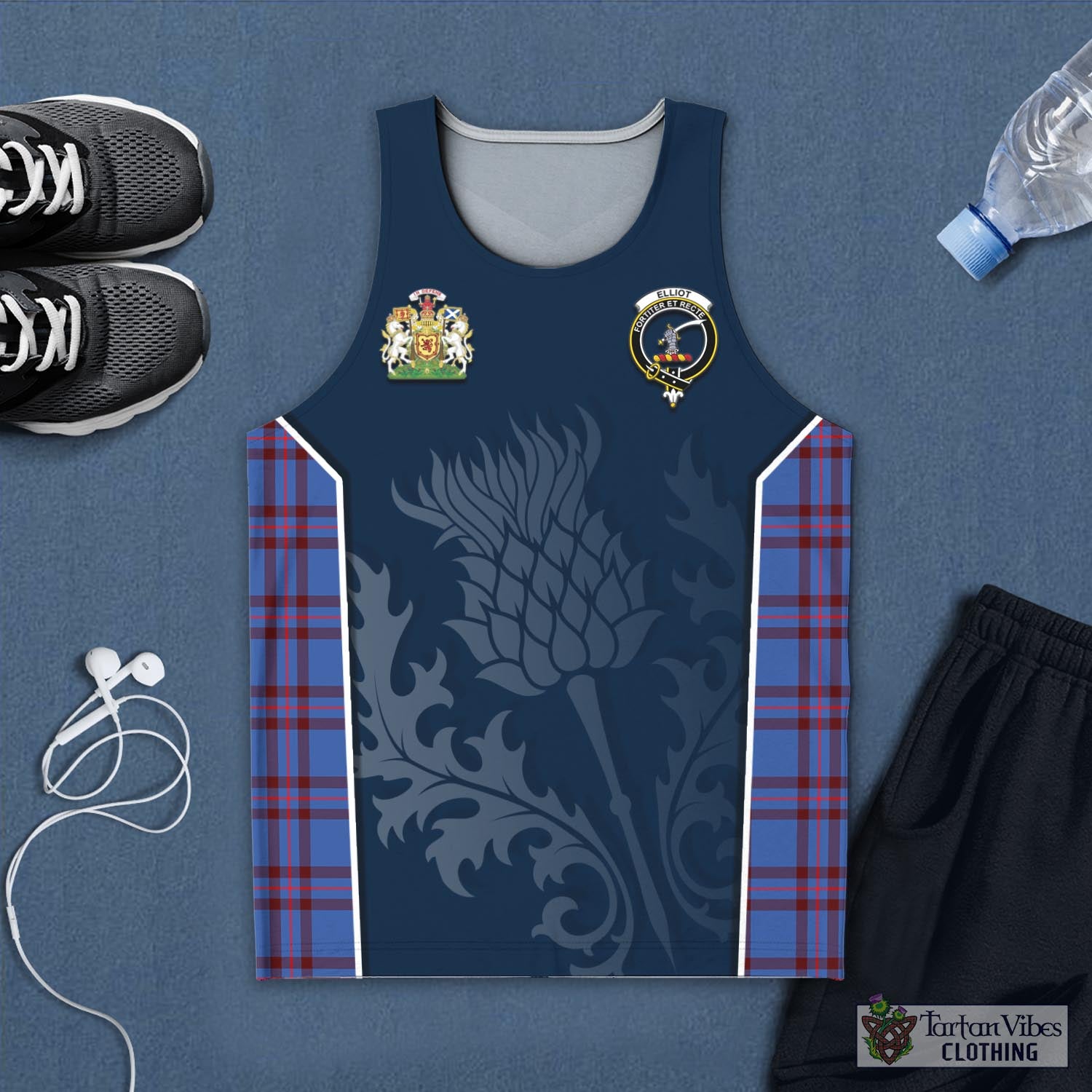 Tartan Vibes Clothing Elliot Modern Tartan Men's Tanks Top with Family Crest and Scottish Thistle Vibes Sport Style