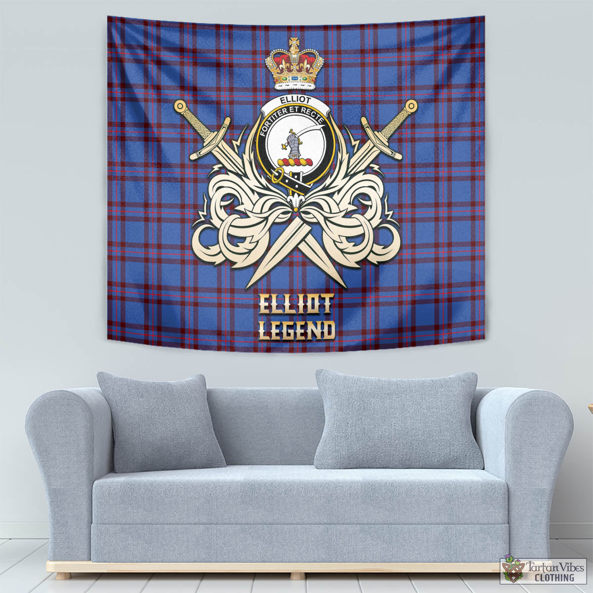 Tartan Vibes Clothing Elliot Modern Tartan Tapestry with Clan Crest and the Golden Sword of Courageous Legacy