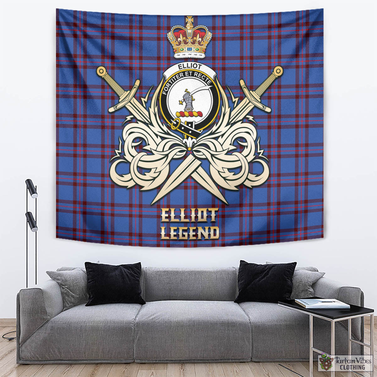 Tartan Vibes Clothing Elliot Modern Tartan Tapestry with Clan Crest and the Golden Sword of Courageous Legacy