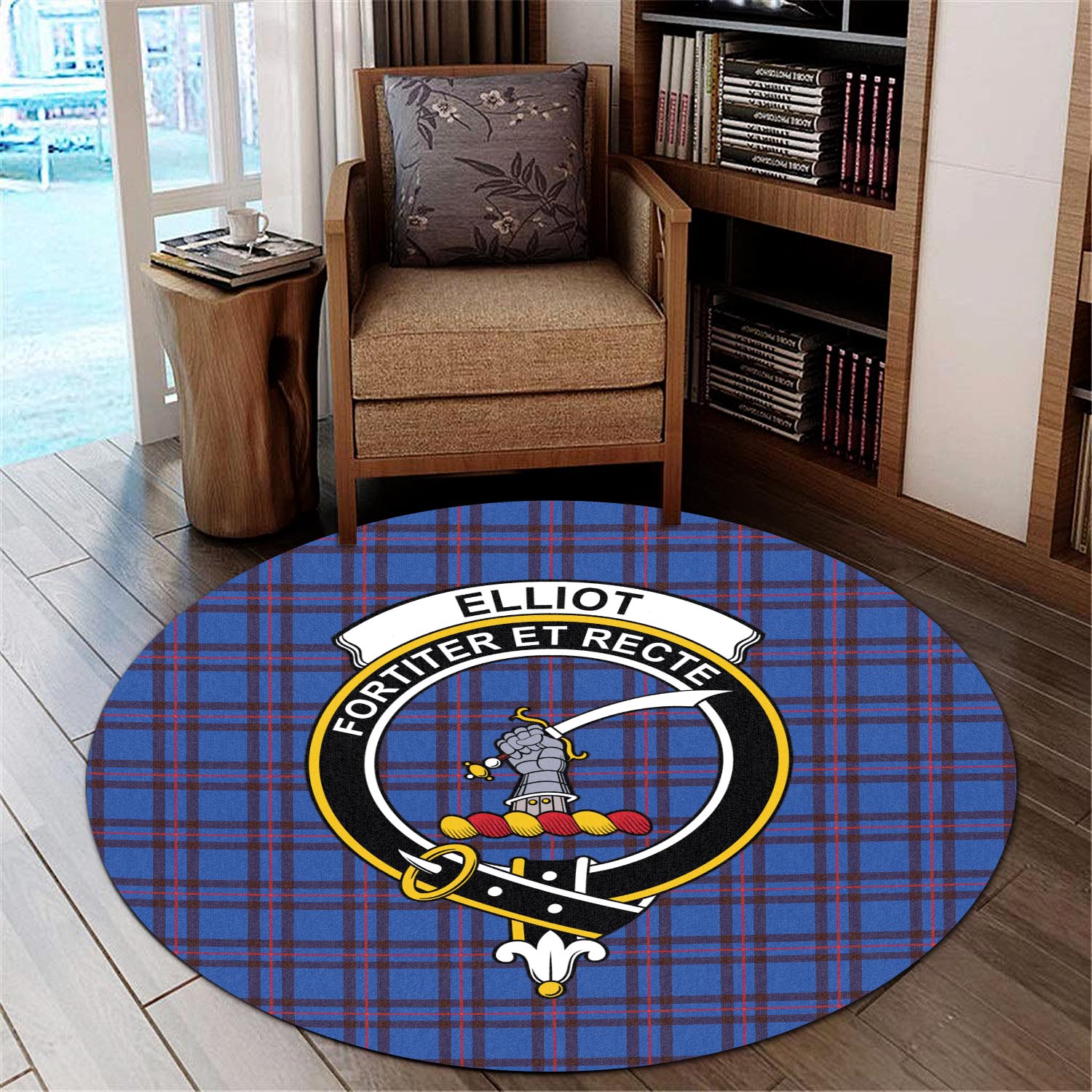 Elliot Modern Tartan Round Rug with Family Crest - Tartanvibesclothing