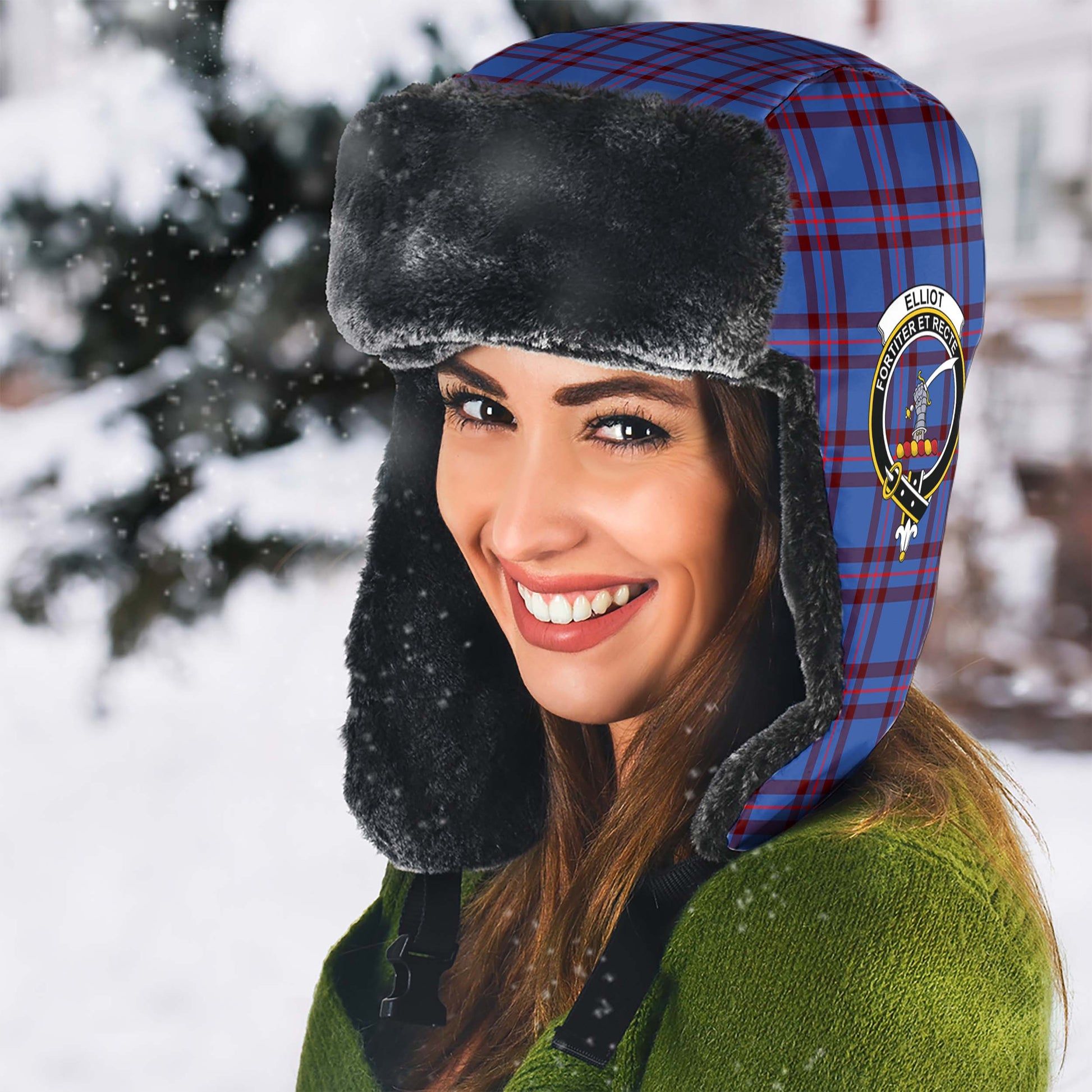 Elliot Modern Tartan Winter Trapper Hat with Family Crest - Tartanvibesclothing