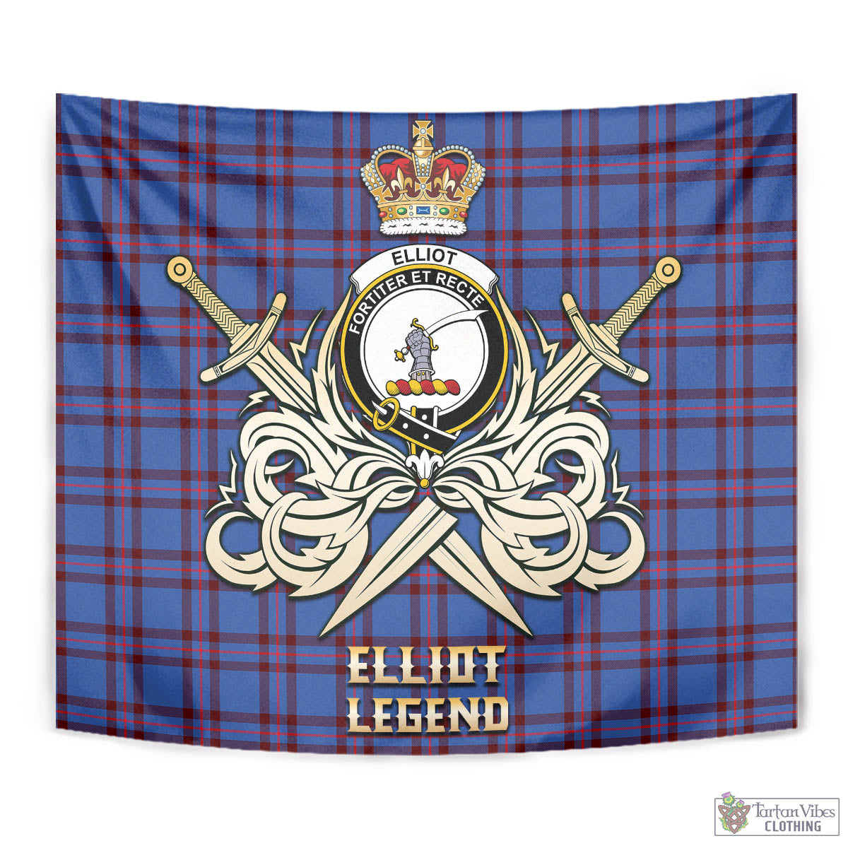 Tartan Vibes Clothing Elliot Modern Tartan Tapestry with Clan Crest and the Golden Sword of Courageous Legacy