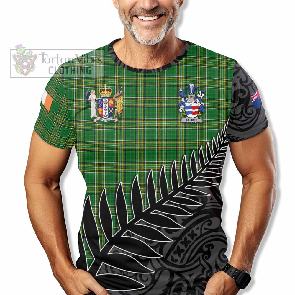 Tartan Vibes Clothing Elliott Irish Clan Tartan T-Shirt with Coat of Arms New Zealand Silver Fern Half Style