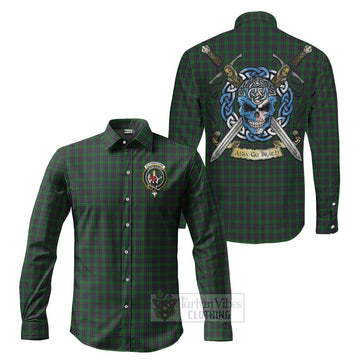 Elphinstone Tartan Long Sleeve Button Shirt with Family Crest Celtic Skull Style