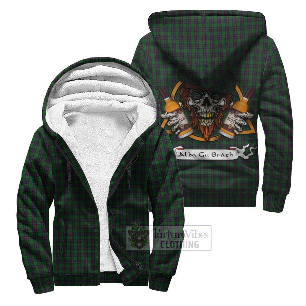 Tartan Vibes Clothing Elphinstone Tartan Sherpa Hoodie with Family Crest and Bearded Skull Holding Bottles of Whiskey