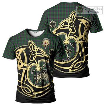 Elphinstone Tartan T-Shirt with Family Crest Celtic Wolf Style