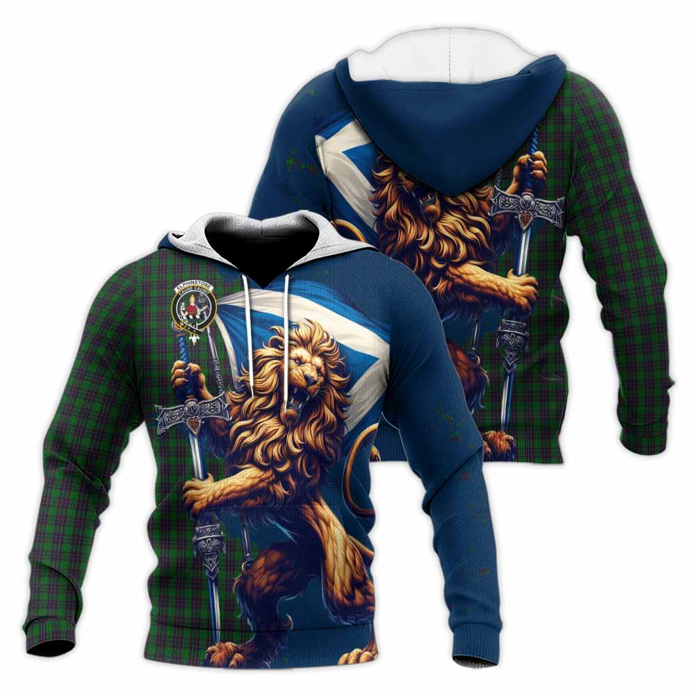 Tartan Vibes Clothing Elphinstone Tartan Family Crest Knitted Hoodie with Scottish Majestic Lion