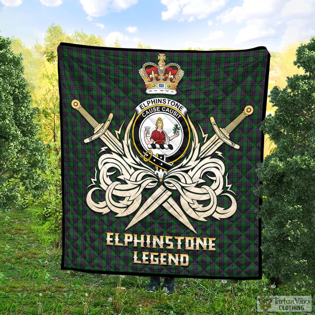 Tartan Vibes Clothing Elphinstone Tartan Quilt with Clan Crest and the Golden Sword of Courageous Legacy