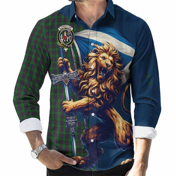 Elphinstone Tartan Family Crest Long Sleeve Button Shirt with Scottish Majestic Lion