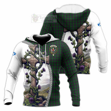 Elphinstone Tartan Knitted Hoodie with Family Crest and St. Andrew's Cross Accented by Thistle Vines