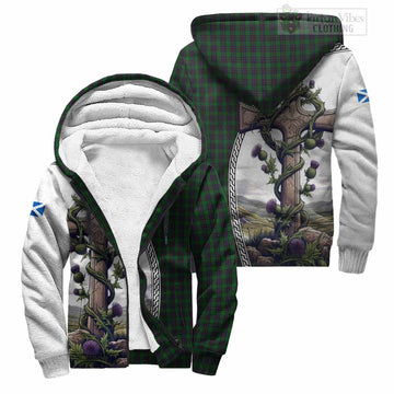 Elphinstone Tartan Sherpa Hoodie with Family Crest and St. Andrew's Cross Accented by Thistle Vines