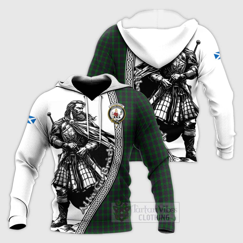 Tartan Vibes Clothing Elphinstone Tartan Clan Crest Knitted Hoodie with Highlander Warrior Celtic Style