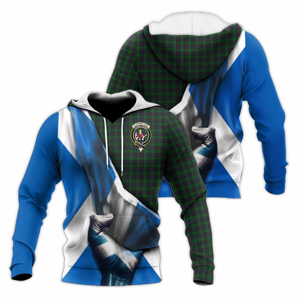 Tartan Vibes Clothing Elphinstone Tartan Knitted Hoodie with Family Crest Scotland Patriotic Style