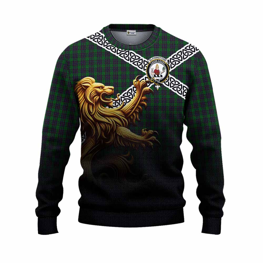 Elphinstone Crest Tartan Knitted Sweater with Golden Lion Emblem Celtic Style Unisex - Tartan Vibes Clothing