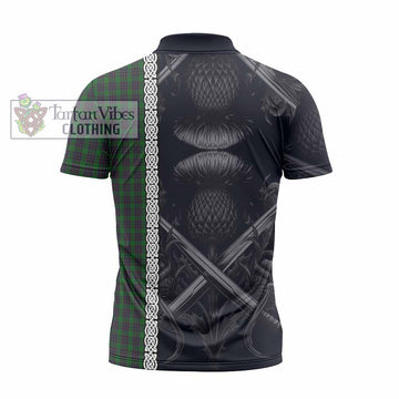Elphinstone Tartan Zipper Polo Shirt with Family Crest Cross Sword Thistle Celtic Vibes - Tartan Vibes Clothing