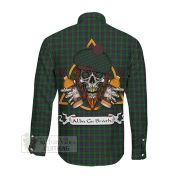 Elphinstone Tartan Long Sleeve Button Shirt with Family Crest and Bearded Skull Holding Bottles of Whiskey