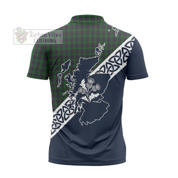 Elphinstone Tartan Zipper Polo Shirt Featuring Thistle and Scotland Map