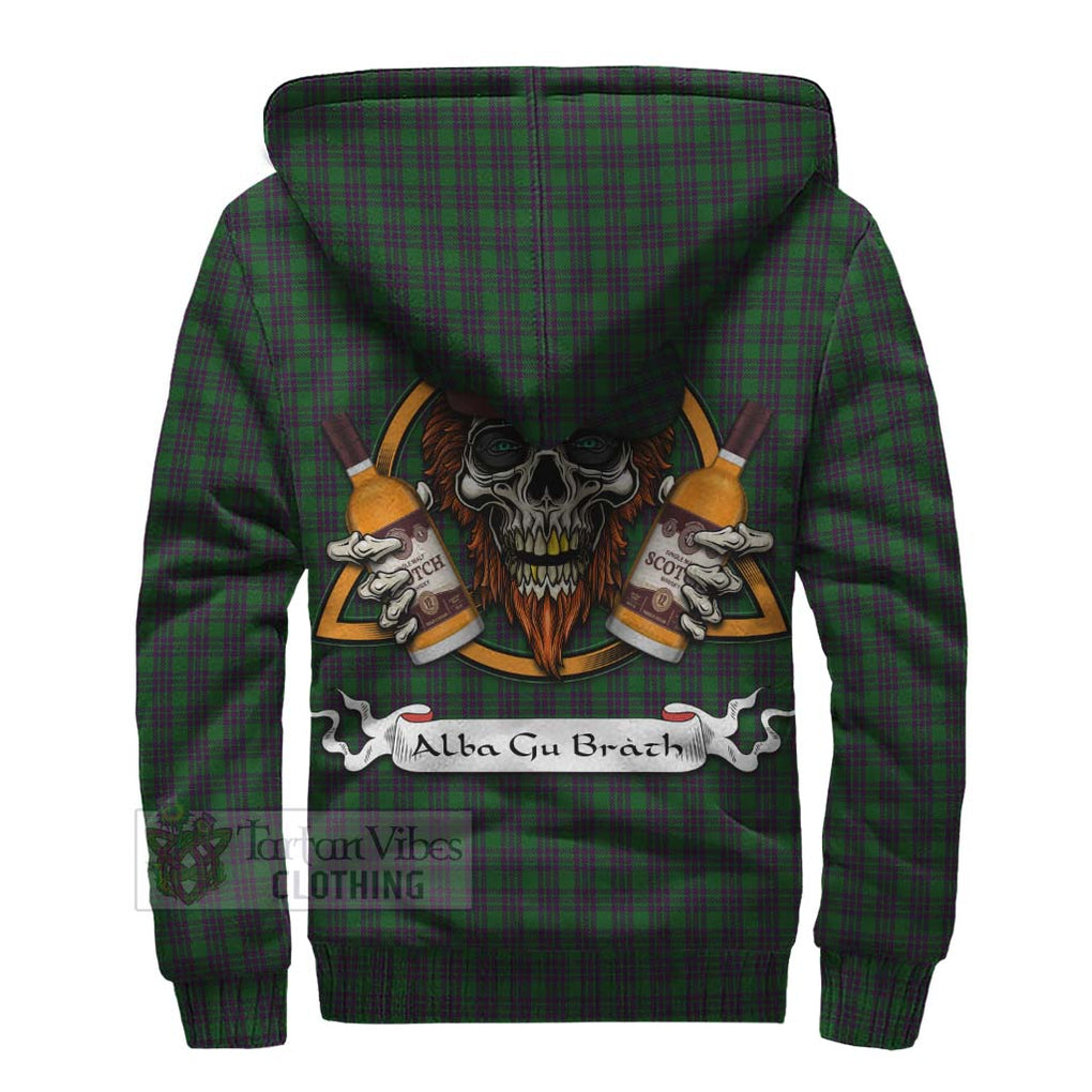 Tartan Vibes Clothing Elphinstone Tartan Sherpa Hoodie with Family Crest and Bearded Skull Holding Bottles of Whiskey