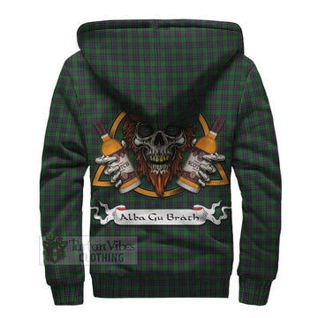 Elphinstone Tartan Sherpa Hoodie with Family Crest and Bearded Skull Holding Bottles of Whiskey