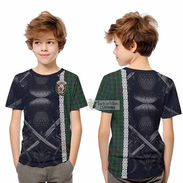 Elphinstone Tartan Kid T-Shirt with Family Crest Cross Sword Thistle Celtic Vibes - Tartan Vibes Clothing