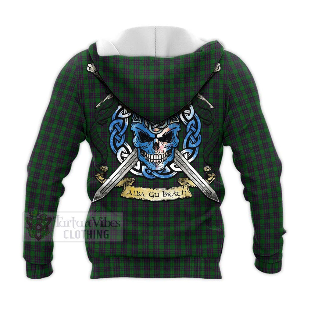 Tartan Vibes Clothing Elphinstone Tartan Knitted Hoodie with Family Crest Celtic Skull Style