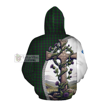 Elphinstone Tartan Cotton Hoodie with Family Crest and St. Andrew's Cross Accented by Thistle Vines Pullover Hoodie - Tartan Vibes Clothing