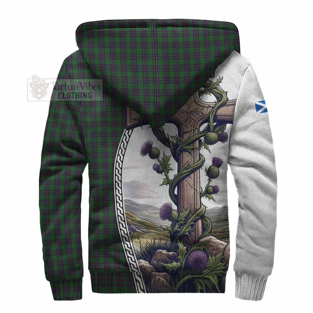 Tartan Vibes Clothing Elphinstone Tartan Sherpa Hoodie with Family Crest and St. Andrew's Cross Accented by Thistle Vines