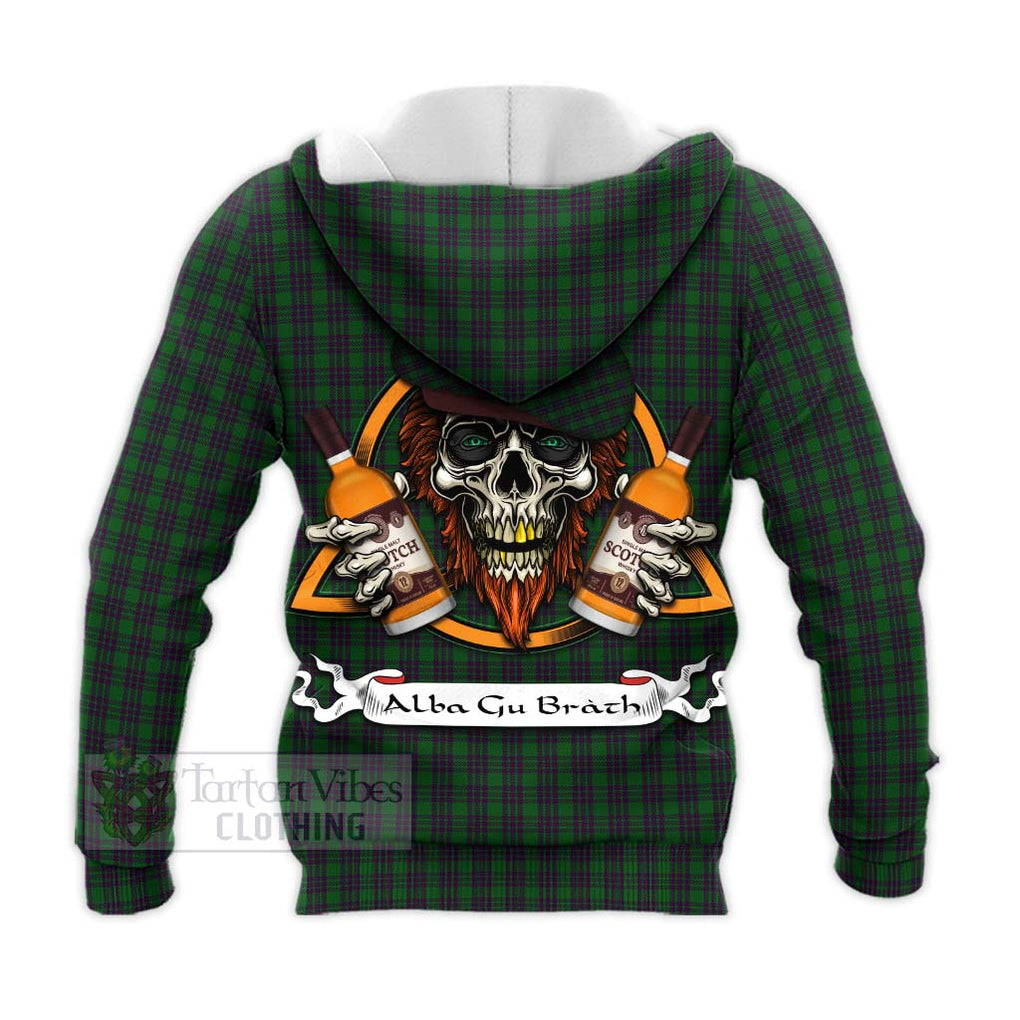 Tartan Vibes Clothing Elphinstone Tartan Knitted Hoodie with Family Crest and Bearded Skull Holding Bottles of Whiskey