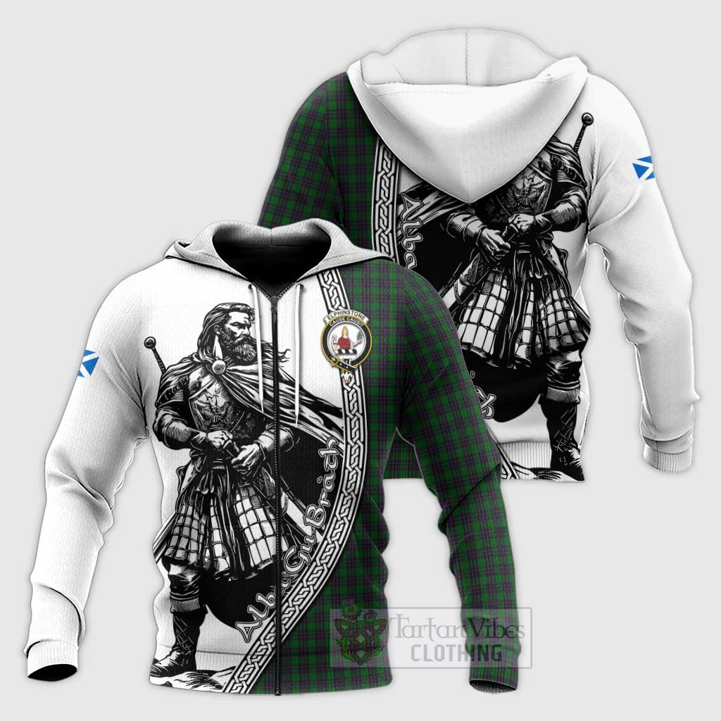 Tartan Vibes Clothing Elphinstone Tartan Clan Crest Knitted Hoodie with Highlander Warrior Celtic Style