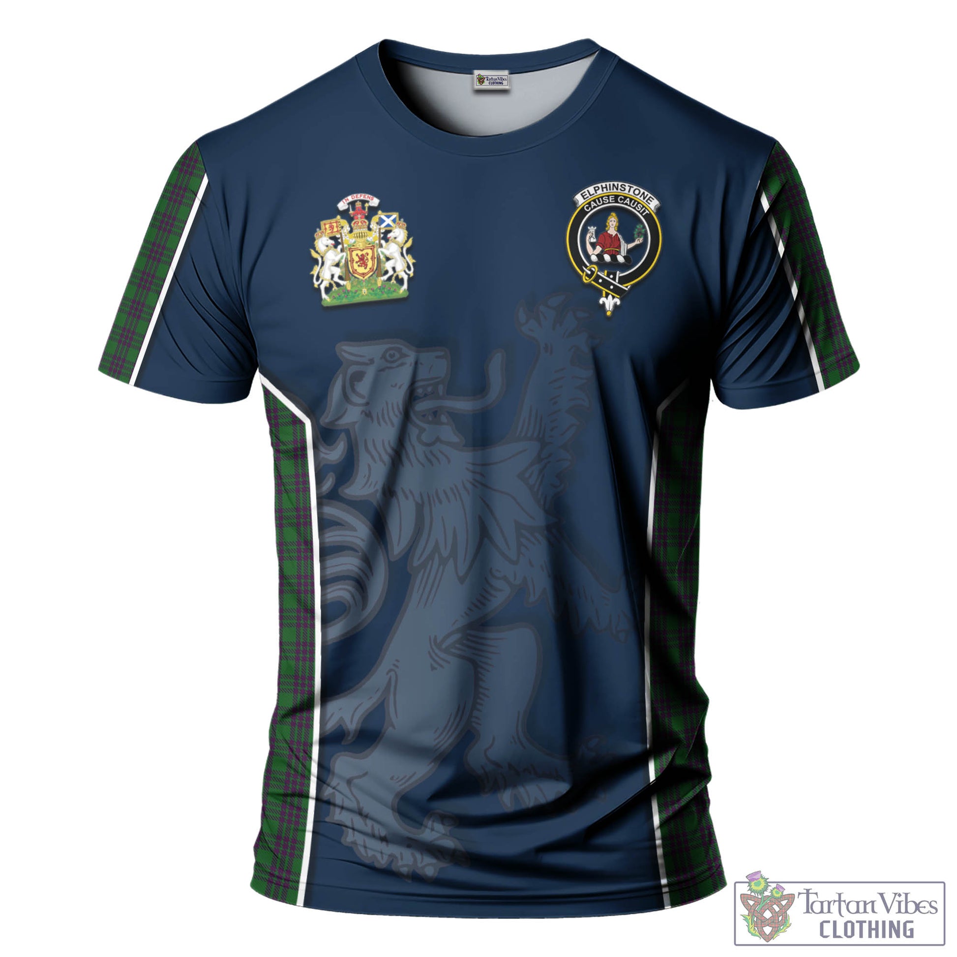 Tartan Vibes Clothing Elphinstone Tartan T-Shirt with Family Crest and Lion Rampant Vibes Sport Style