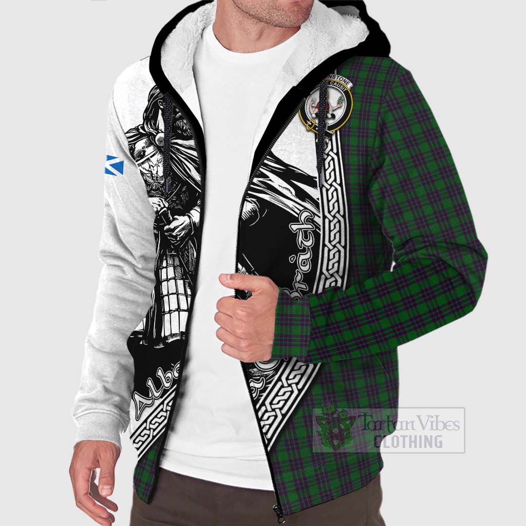 Tartan Vibes Clothing Elphinstone Tartan Clan Crest Sherpa Hoodie with Highlander Warrior Celtic Style