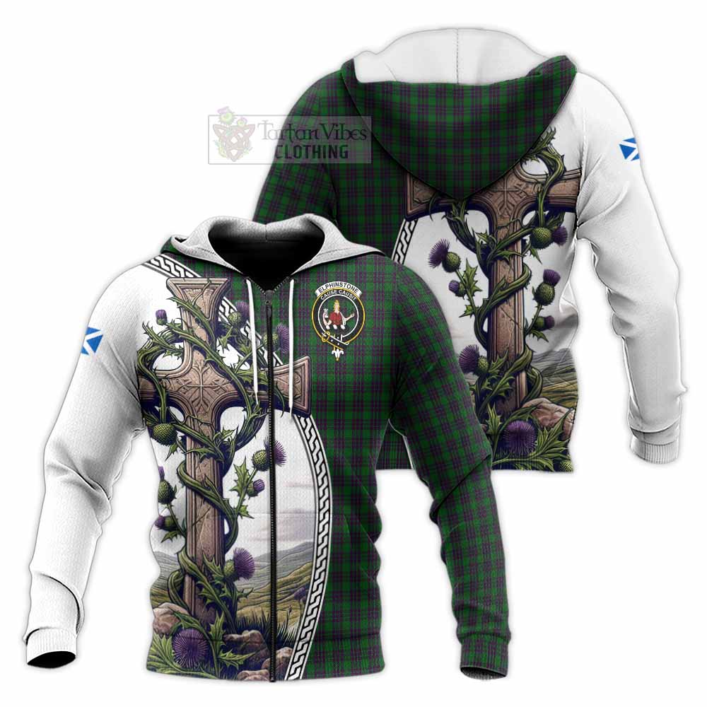 Tartan Vibes Clothing Elphinstone Tartan Knitted Hoodie with Family Crest and St. Andrew's Cross Accented by Thistle Vines