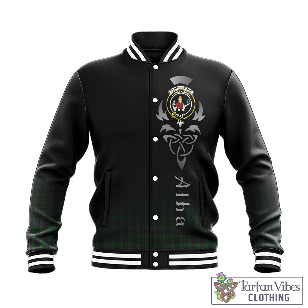 Tartan Vibes Clothing Elphinstone Tartan Baseball Jacket Featuring Alba Gu Brath Family Crest Celtic Inspired