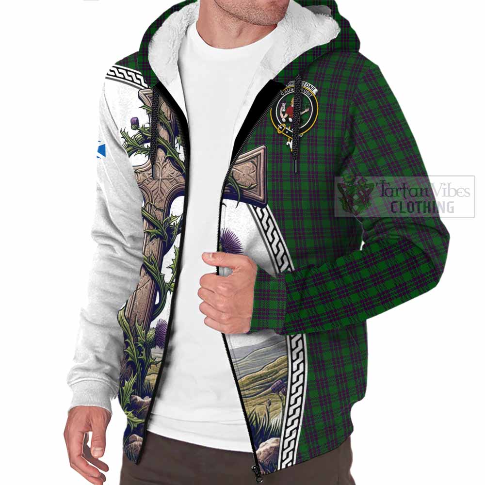 Tartan Vibes Clothing Elphinstone Tartan Sherpa Hoodie with Family Crest and St. Andrew's Cross Accented by Thistle Vines