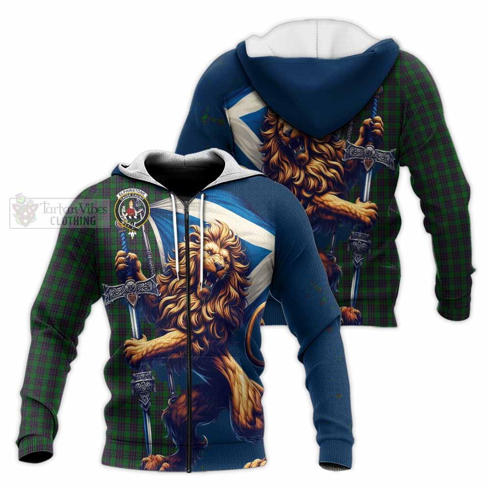 Tartan Vibes Clothing Elphinstone Tartan Family Crest Knitted Hoodie with Scottish Majestic Lion