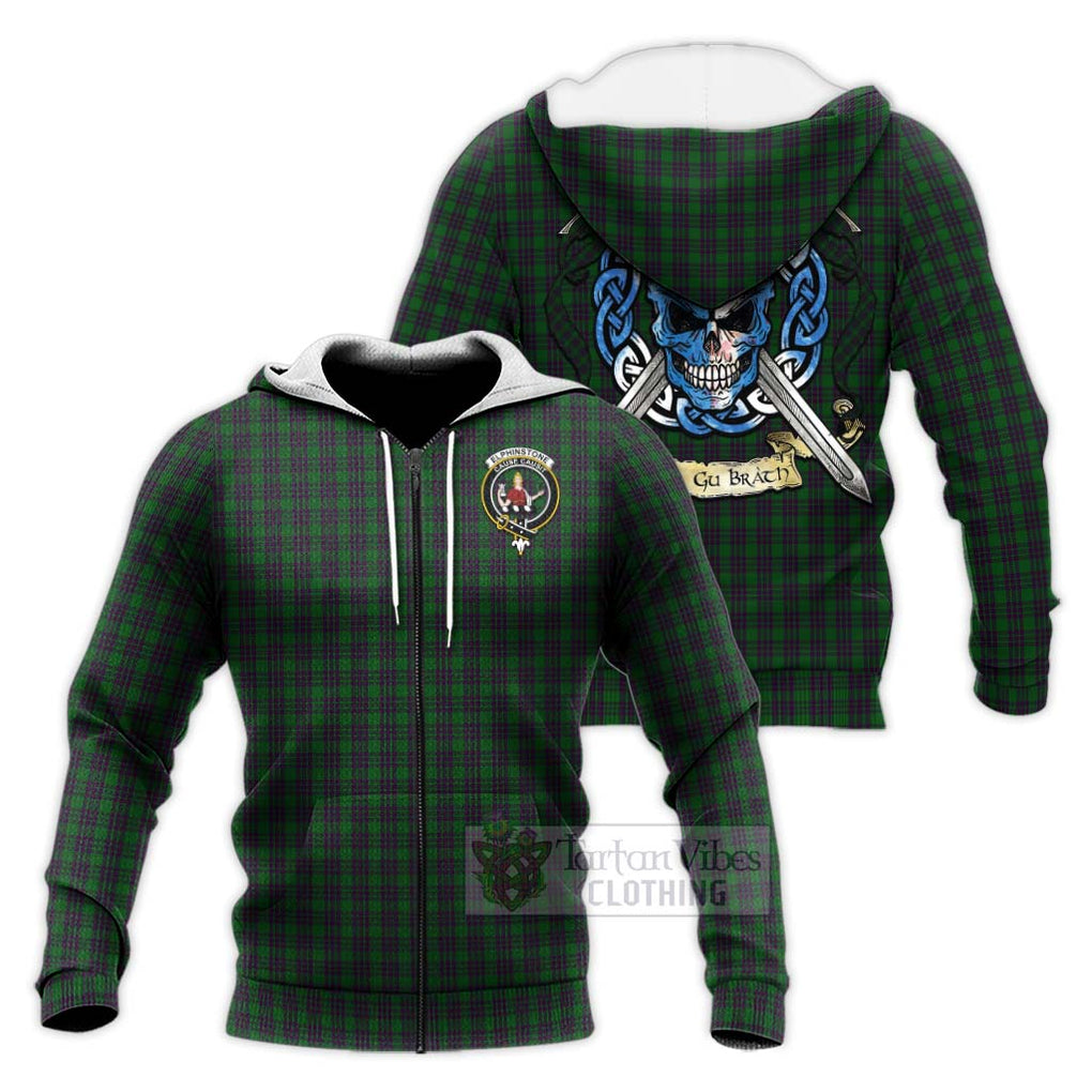 Tartan Vibes Clothing Elphinstone Tartan Knitted Hoodie with Family Crest Celtic Skull Style